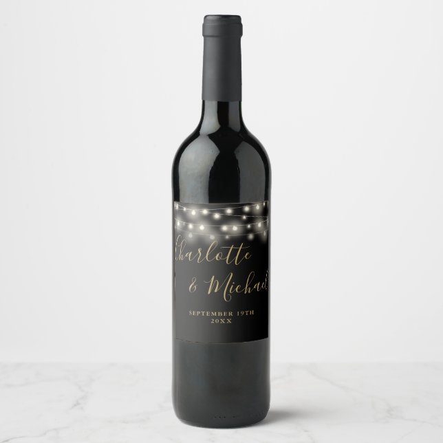 Étiquette Pour Bouteilles De Vin Chaîne Lights Signature Script Black Gold Mariage (Devant)