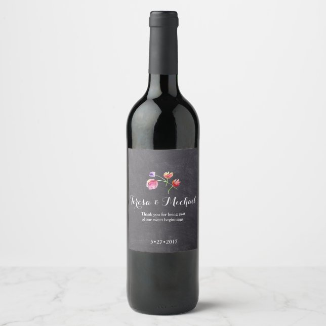 Étiquette Pour Bouteilles De Vin Chalkboard, Fleur d'aquarelle paysage rustique (Devant)
