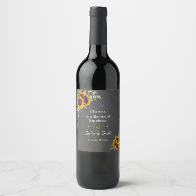 Étiquette Pour Bouteilles De Vin Charme Aquarelle Sunflower Chalkboard Mariage (Devant)