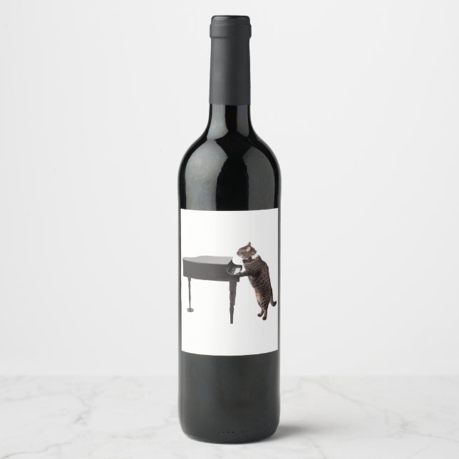 Étiquette Pour Bouteilles De Vin Chat Jouer Piano (Devant)