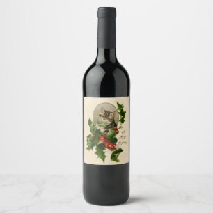 Étiquette Pour Bouteilles De Vin Chat Noël Joyeux Holly Kitty Art antique