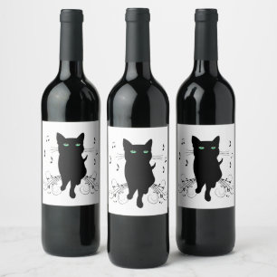 Étiquette Pour Bouteilles De Vin Chat noir entouré de notes de musique murmurantes