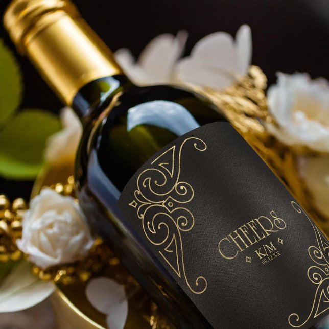 Étiquette Pour Bouteilles De Vin Cheers Mariage Gold Filigree fin ID871 (Créateur téléchargé)