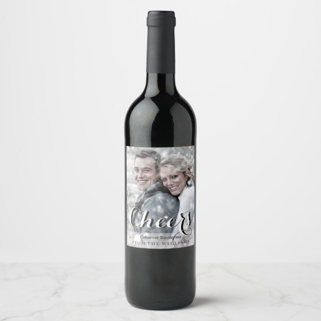 Étiquette Pour Bouteilles De Vin CHEERS Script Photo personnalisée moderne (Devant)