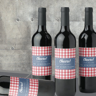 Étiquette Pour Bouteilles De Vin Chèque blanc rouge En vichy & Dénim bleu