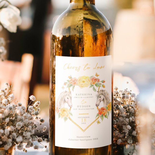 Étiquette Pour Bouteilles De Vin Chevaux gris et roses jaunes mariage monogrammé (Créateur téléchargé)