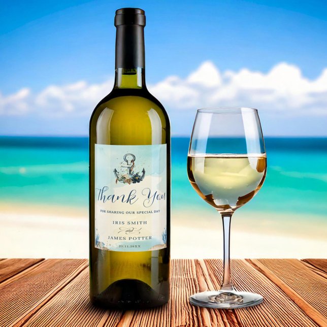 Étiquette Pour Bouteilles De Vin Chic Ancre nautique Moderne Plage Mariage (Créateur téléchargé)