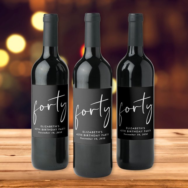 Étiquette Pour Bouteilles De Vin Chic Black White 40e fête d'anniversaire (Créateur téléchargé)