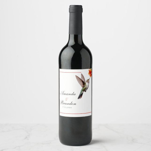 Étiquette Pour Bouteilles De Vin Chic colibri et Mariage de fleurs orange (Devant)
