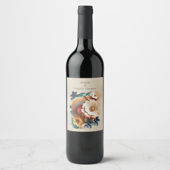 Étiquette Pour Bouteilles De Vin Chic, Elegant Crèmes & cuir texture fleur look (Devant)