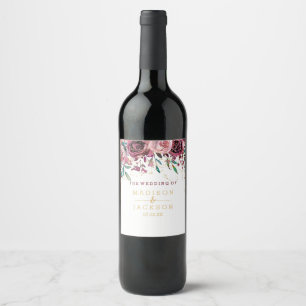 Étiquette Pour Bouteilles De Vin Chic Fleurs de Blush Stripes & Monogramme Mariage 