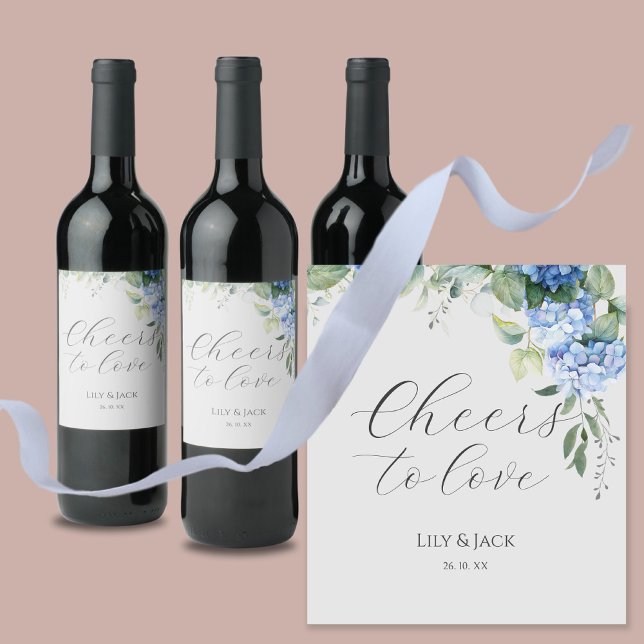 Étiquette Pour Bouteilles De Vin Chic Floral Blue Hydrangea Mariage d'événement (Créateur téléchargé)