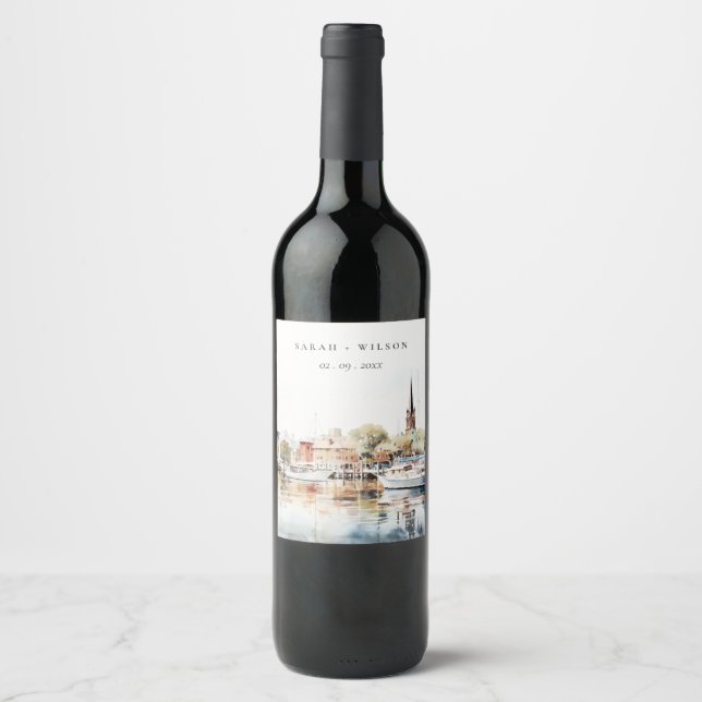 Étiquette Pour Bouteilles De Vin Chic Mariage d'aquarelle Annapolis Maryland (Devant)