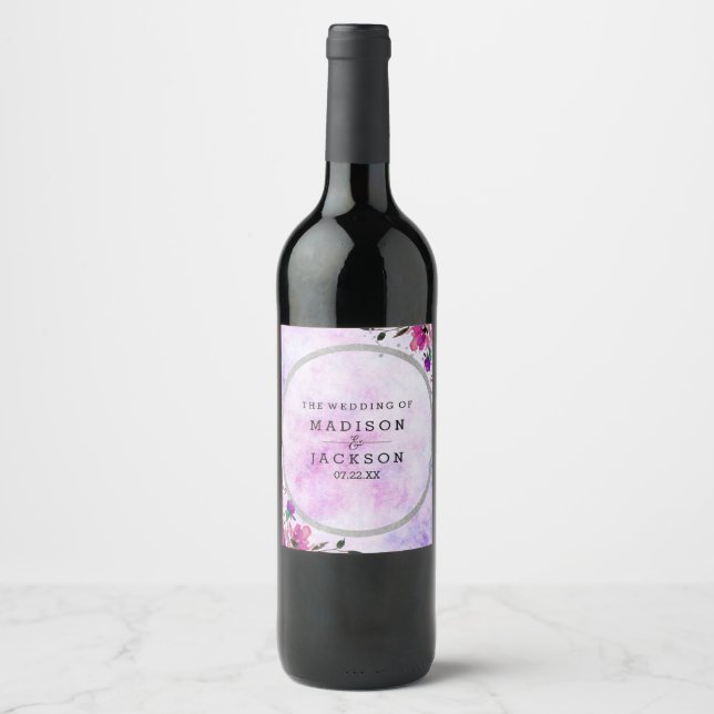 Étiquette Pour Bouteilles De Vin Chic violet floral et Mariage argenté (Devant)