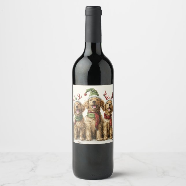 Étiquette Pour Bouteilles De Vin Chiens de Noël Golden Retriever (Devant)