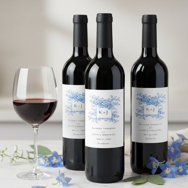 Étiquette Pour Bouteilles De Vin Chinoiserie Blue Floral Classic Wedding Monogram (Créateur téléchargé)