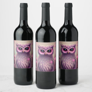 Étiquette Pour Bouteilles De Vin Chouette Kawaii Imaginaire rose