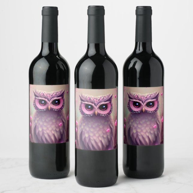 Étiquette Pour Bouteilles De Vin Chouette Kawaii Imaginaire rose (Bouteilles)