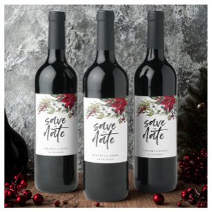 Étiquette Pour Bouteilles De Vin Christmas Poinsettia Script Enregistrer la date