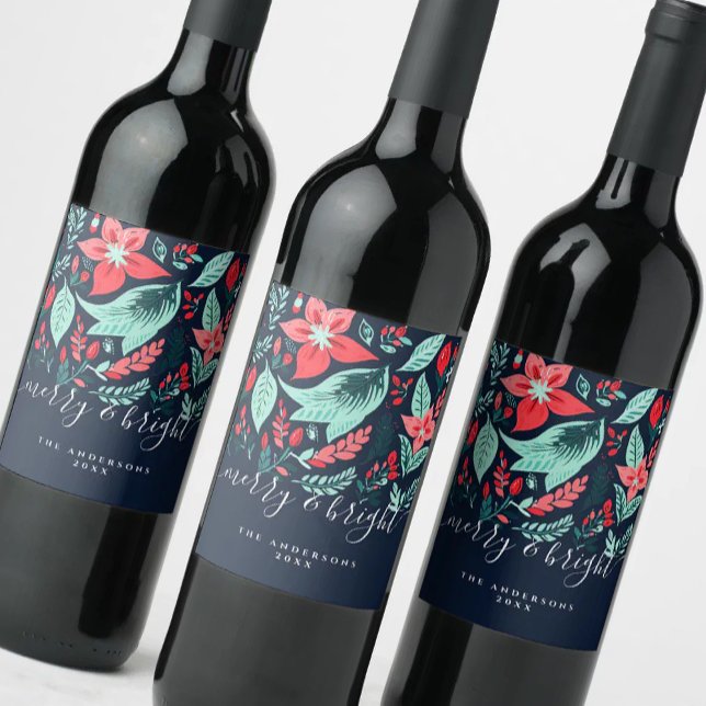 Étiquette Pour Bouteilles De Vin Christmas Red Botanical Floral Blue Holiday (Créateur téléchargé)