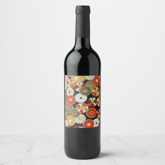 Étiquette Pour Bouteilles De Vin Chrysanthèmes en or (Devant)