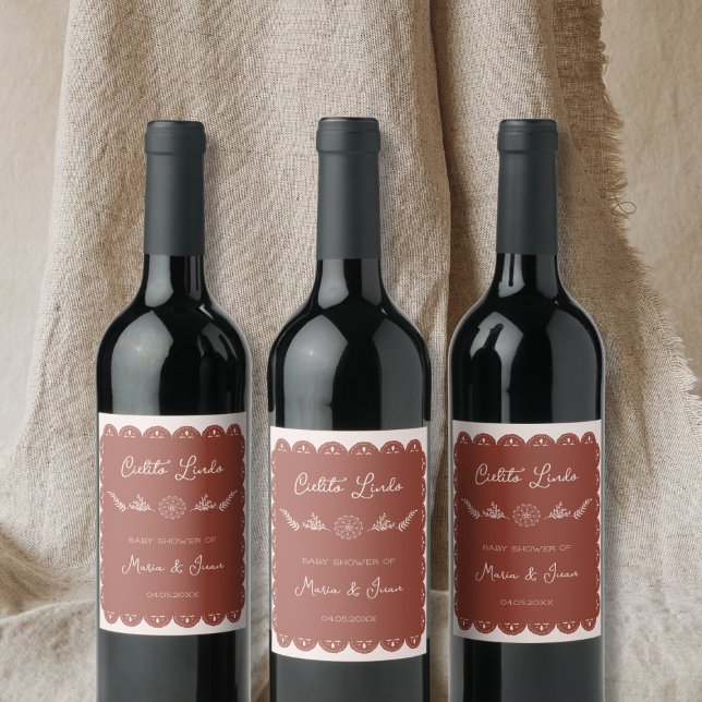 Étiquette Pour Bouteilles De Vin Cielito Lindo Papel Picado Baby shower neutre (Cielito Lindo Papel Picado Neutral Baby Shower Wine Label)