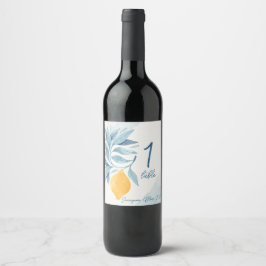 Étiquette Pour Bouteilles De Vin Citron avec illustration botanique feuille bleue