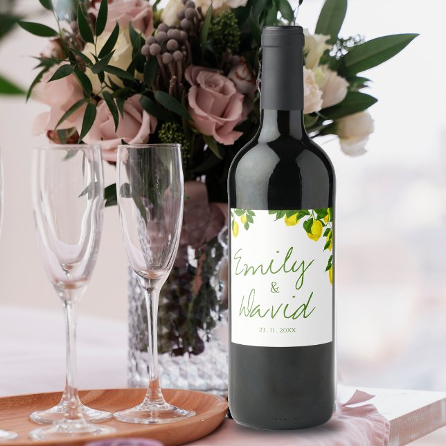Étiquette Pour Bouteilles De Vin Citron jaune clair doux Élégant Mariage d'agrumes (Créateur téléchargé)