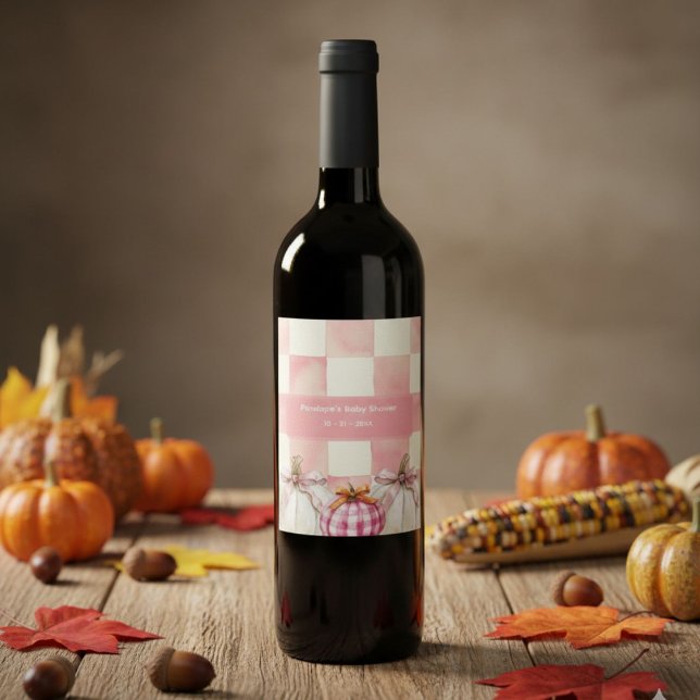 Étiquette Pour Bouteilles De Vin Citrouille rose automne En vichy Baby shower fille (Créateur téléchargé)