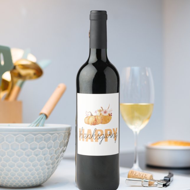 Étiquette Pour Bouteilles De Vin Citrouilles d'aquarelle et Bon thanksgiving orange (Créateur téléchargé)