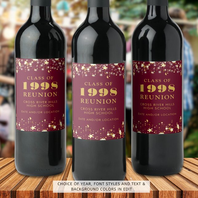 Étiquette Pour Bouteilles De Vin Classe Reunion Maroon Gold Stars Personnalisé (Créateur téléchargé)
