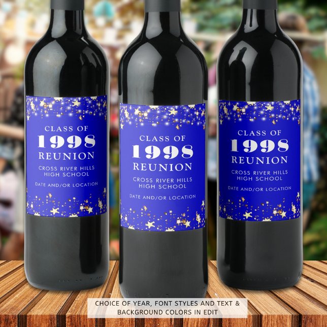 Étiquette Pour Bouteilles De Vin Classe Reunion Royal Blue Gold Stars Personnalisé (Créateur téléchargé)