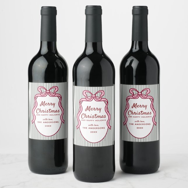 Étiquette Pour Bouteilles De Vin Classic Dark Green Stripes & Pink Bow Christmas (Bouteilles)