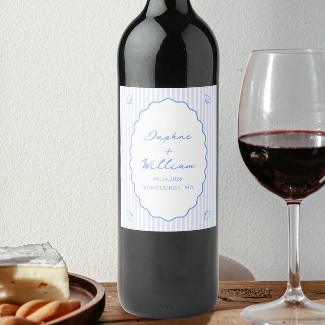 Étiquette Pour Bouteilles De Vin Coastal Chic Shell & Stripes Mariage personnalisé (Créateur téléchargé)