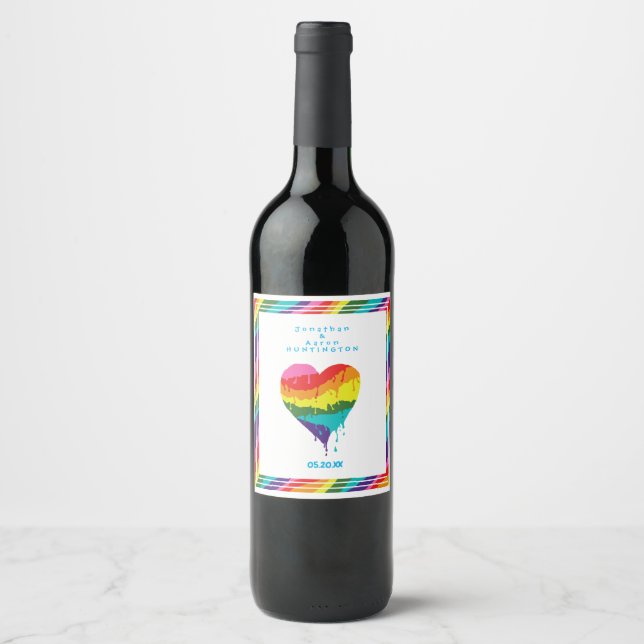 Étiquette Pour Bouteilles De Vin Coeur arc-en-ciel LGBT personnalisé (Devant)