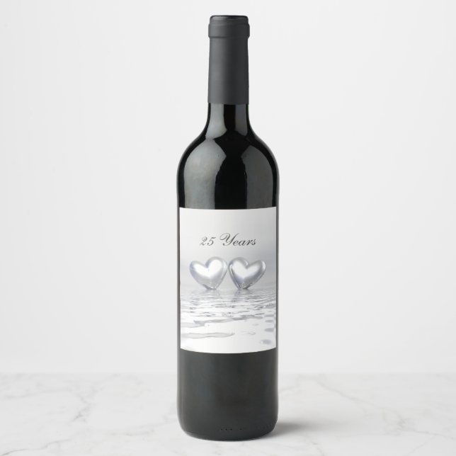 Étiquette Pour Bouteilles De Vin Coeurs de l'anniversaire d'argent (Devant)