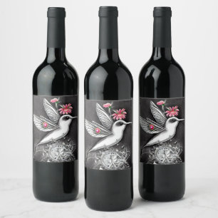 Étiquette Pour Bouteilles De Vin Colibri blanc et fleurs roses