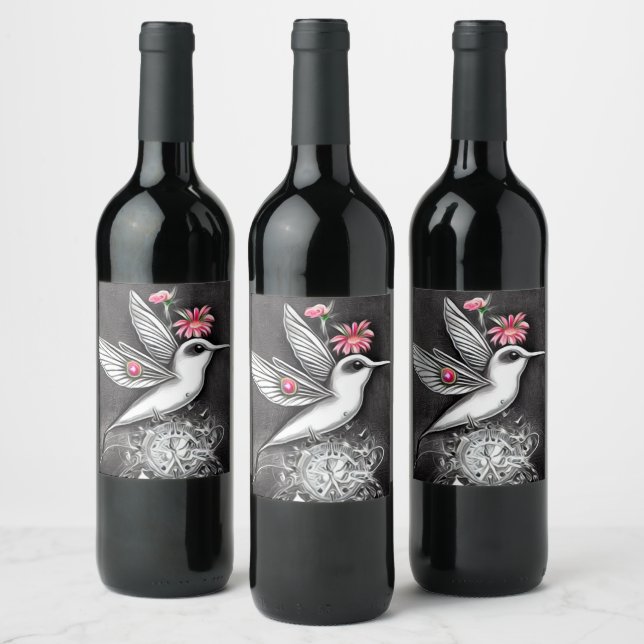 Étiquette Pour Bouteilles De Vin Colibri blanc et fleurs roses (Bouteilles)