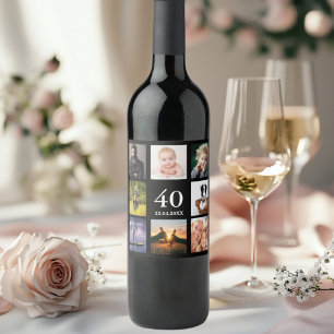 Étiquette Pour Bouteilles De Vin collage photo de 40e anniversaire noir