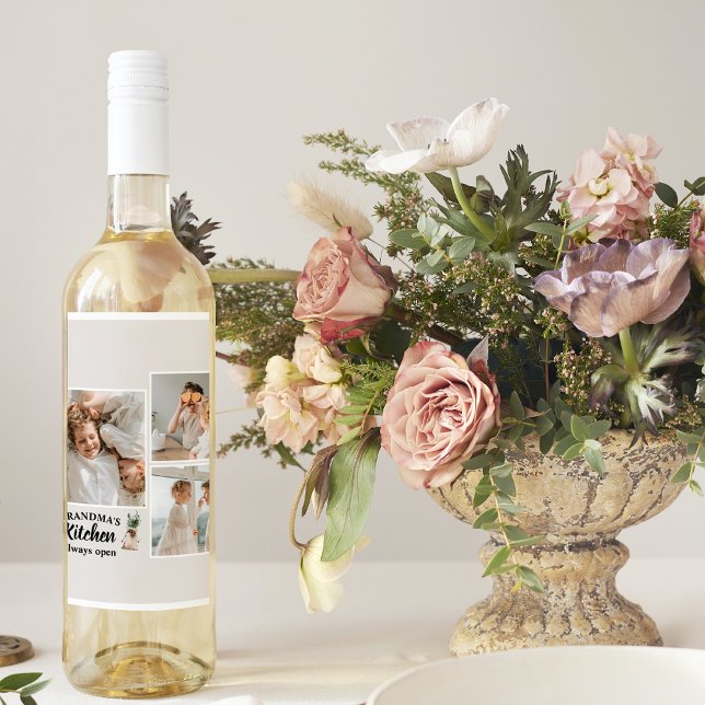 Étiquette Pour Bouteilles De Vin Collage Photo & Grand-Mère Cuisine Toujours Ouvert (Créateur téléchargé)