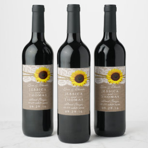 Étiquette Pour Bouteilles De Vin Collection de Mariages de tournesols rustiques