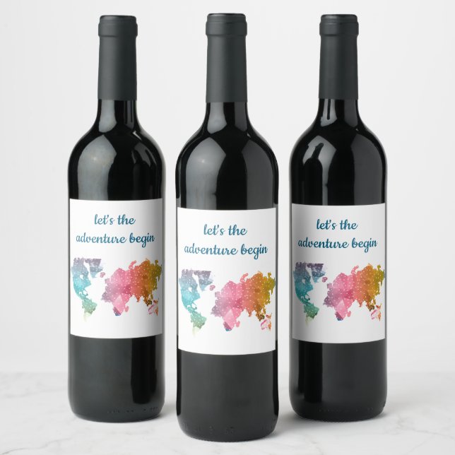 Étiquette Pour Bouteilles De Vin Commençons l'aventure Carte du monde géométrique (Bouteilles)