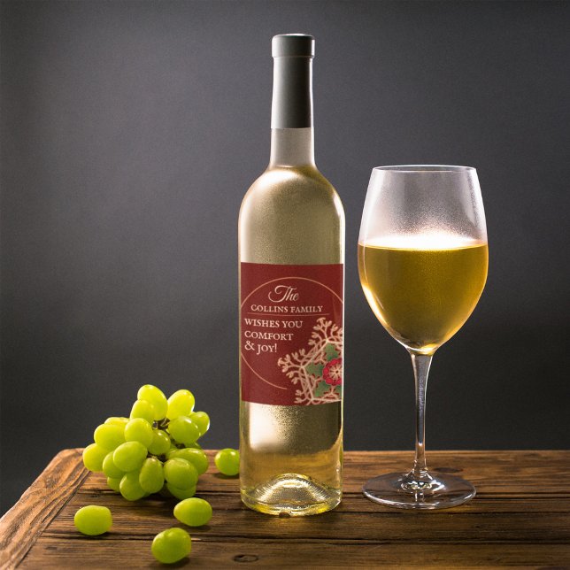 Étiquette Pour Bouteilles De Vin Confort et joie Holly Star Personnalisé (Comfort & Joy Holly Star Personalized Wine Label)