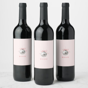 Étiquette Pour Bouteilles De Vin Coquette personnalisée Disco Ball rose ruban