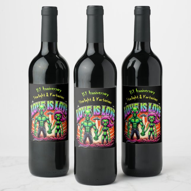 Étiquette Pour Bouteilles De Vin Couple Alien dans l'amour cosmique (Bouteilles)