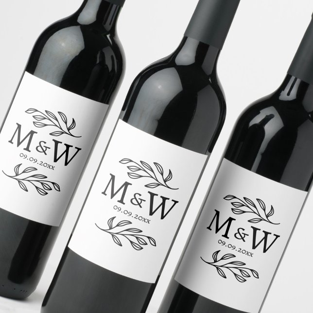 Étiquette Pour Bouteilles De Vin Couple Monogram Wedding Date Elegant Botanical (Modern wedding couple monogram initials date wine bottle label)