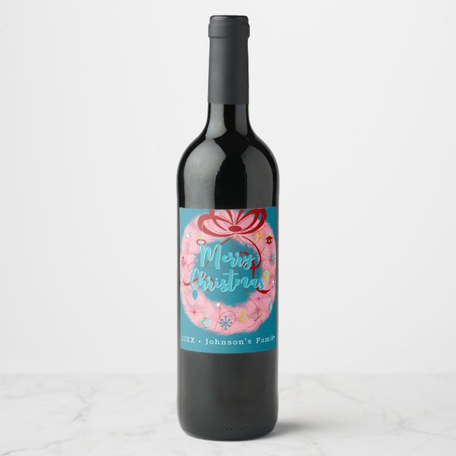 Étiquette Pour Bouteilles De Vin Couronne de Noël rose rétro (Devant)