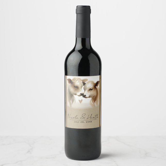 Étiquette Pour Bouteilles De Vin Cow Love Brown Cream Mariage campagnard (Devant)