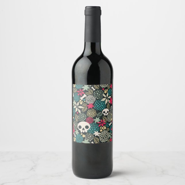 Étiquette Pour Bouteilles De Vin Crâne en fleurs (Devant)