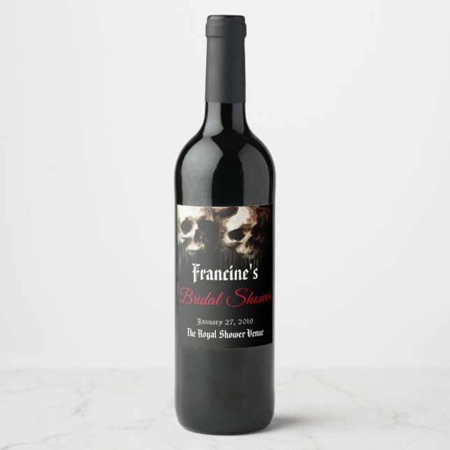 Étiquette Pour Bouteilles De Vin Crânes Sombres Artistiques Mariage Gothique (Devant)